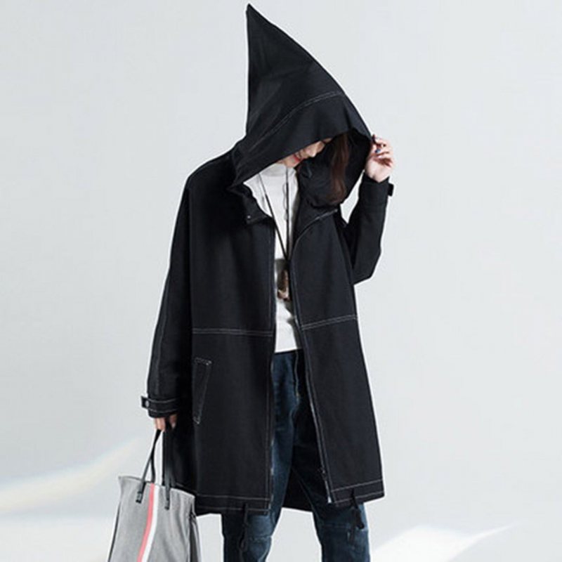 Solid Spiss Hette Løs Plus Size Windbreaker Frakk