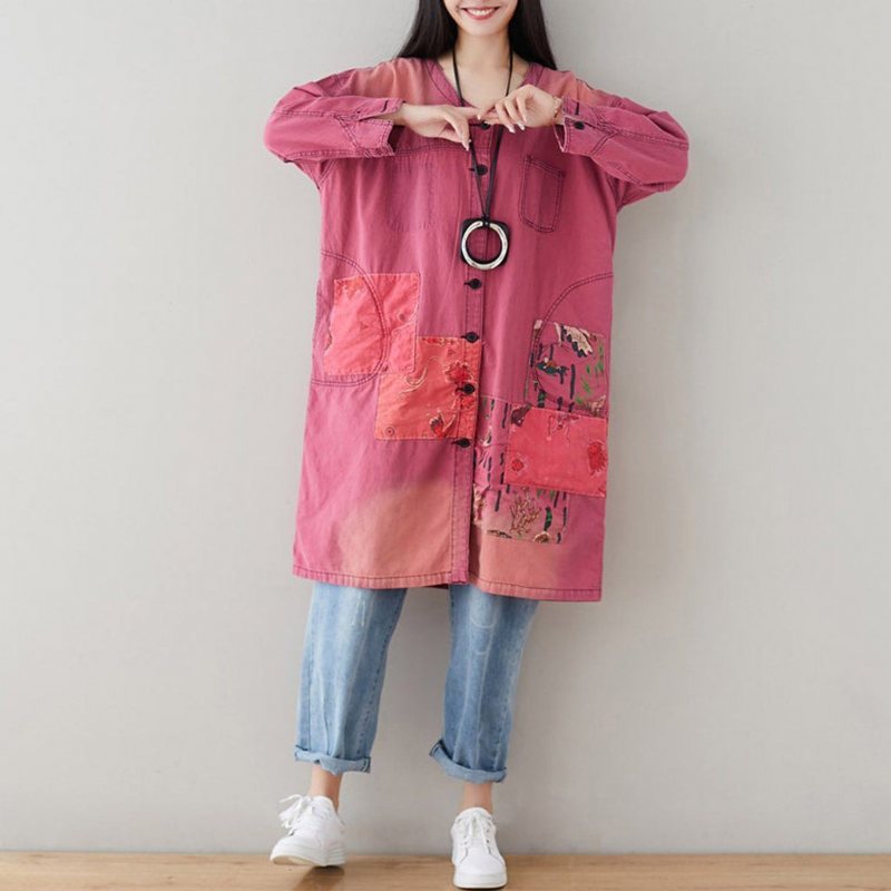 V-hals Løs Casual Patchwork Høst Tynn Frakk