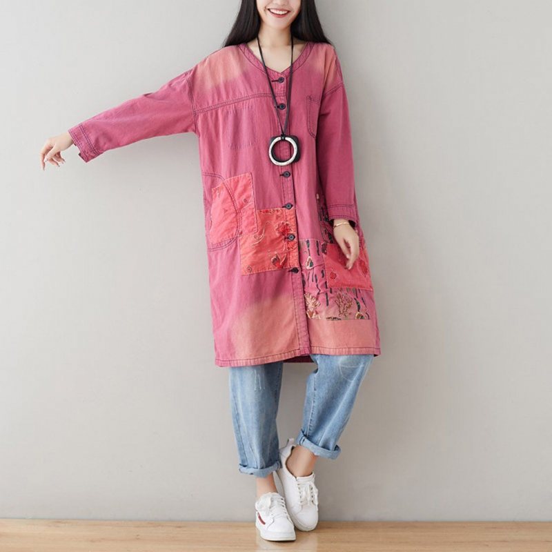 V-hals Løs Casual Patchwork Høst Tynn Frakk