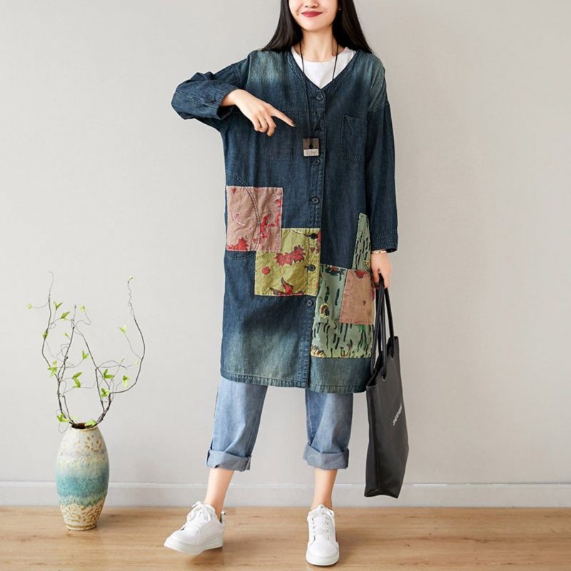 V-hals Løs Casual Patchwork Høst Tynn Frakk