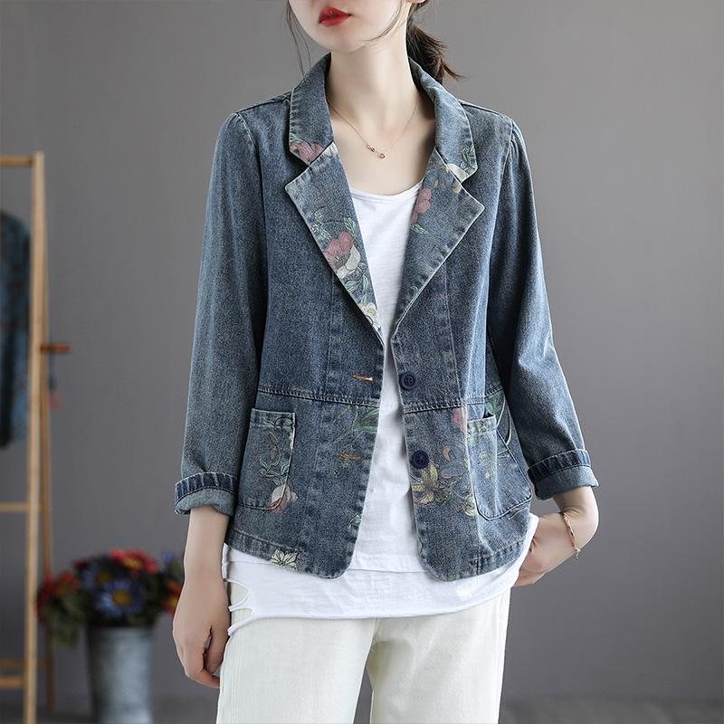 Vår Høst Retro Patchwork Floral Cotton Denim Dressjakke