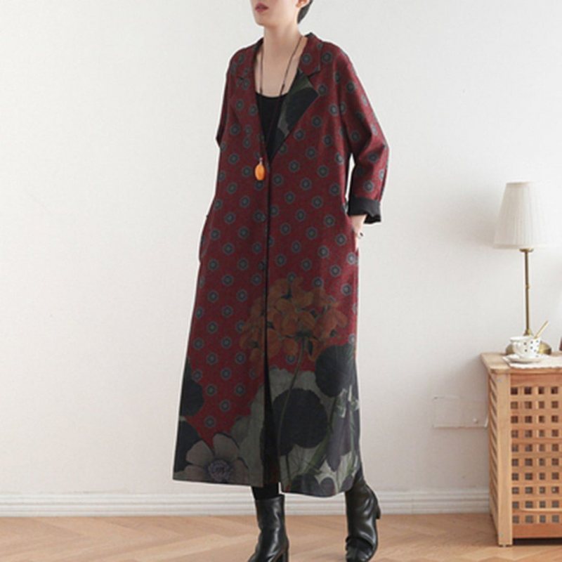 Vintage Loose Casual Lang Frakk Med Trykk