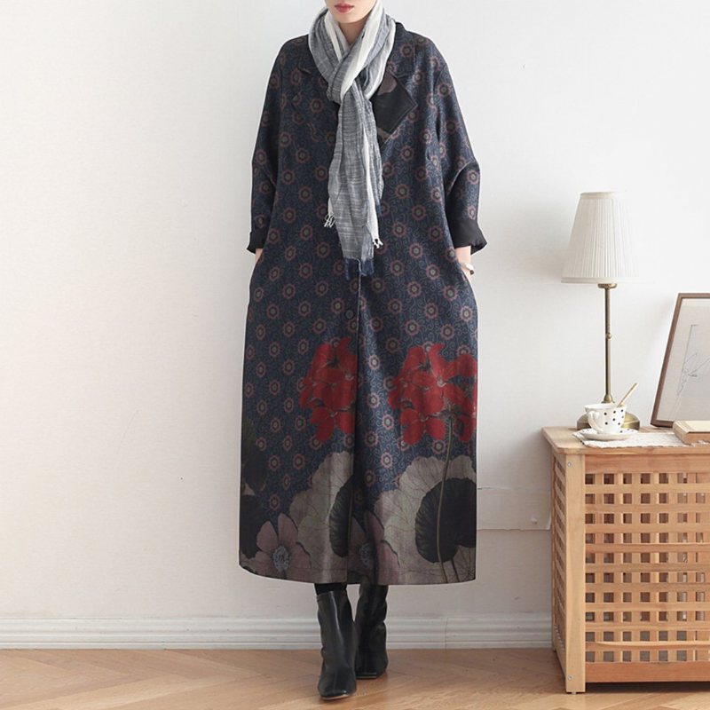 Vintage Loose Casual Lang Frakk Med Trykk