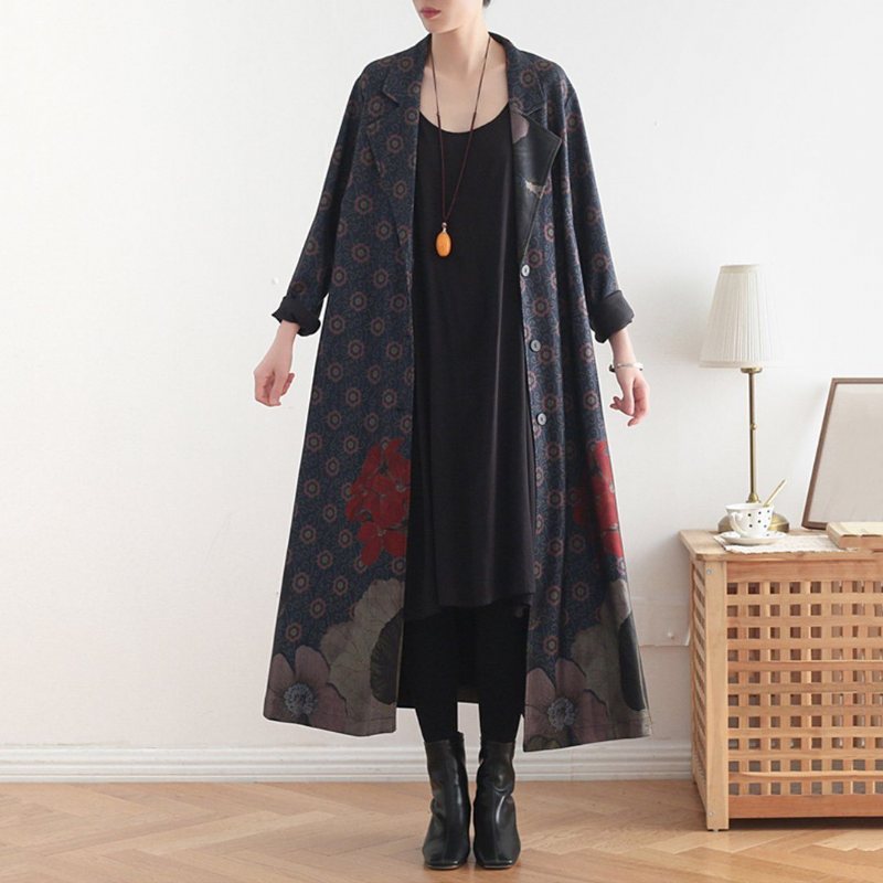 Vintage Loose Casual Lang Frakk Med Trykk