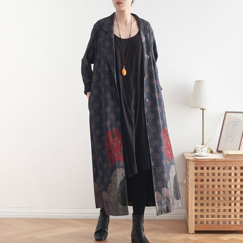 Vintage Loose Casual Lang Frakk Med Trykk