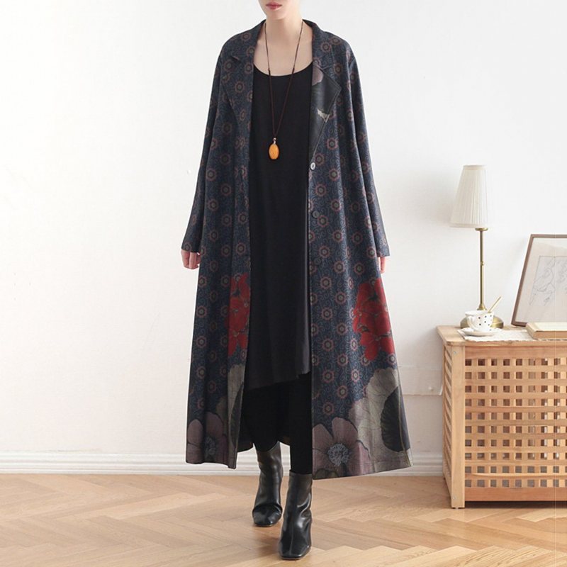 Vintage Loose Casual Lang Frakk Med Trykk