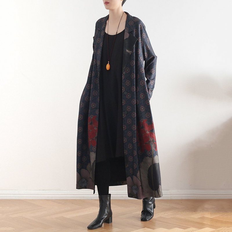 Vintage Loose Casual Lang Frakk Med Trykk