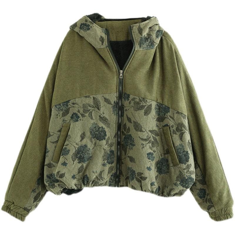 Vinter Retro Blomster Plysj Varm Bomulls Hettefrakk