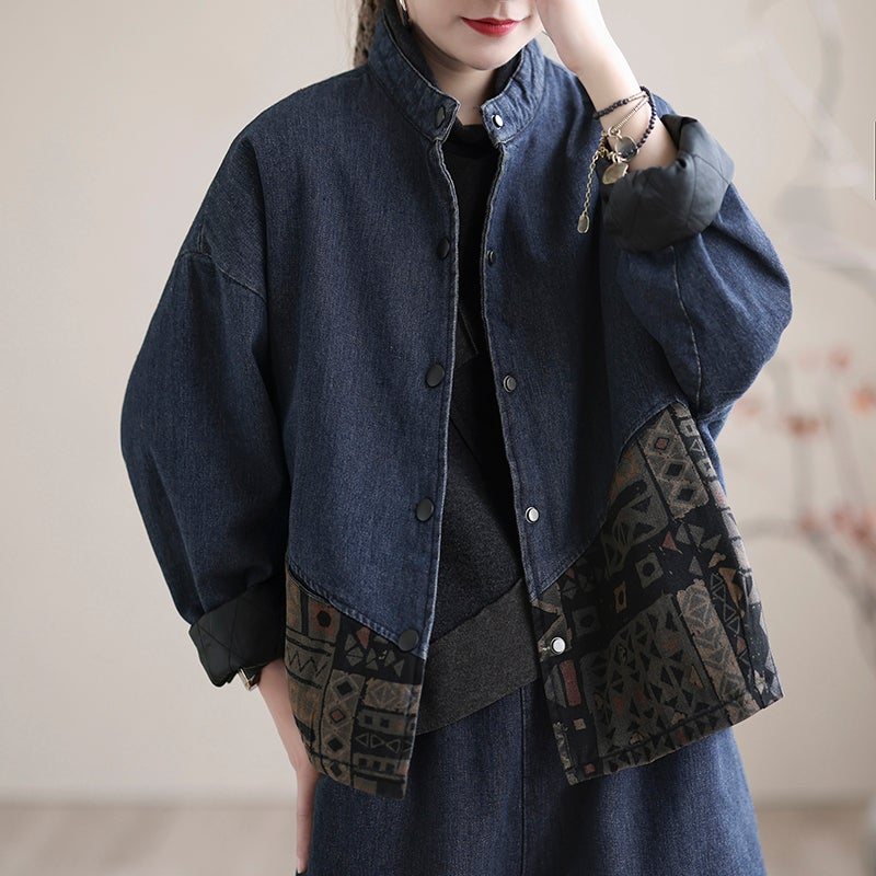 Vinter Retro Løs Tykk Splicing Quilted Denim Frakk Frakk