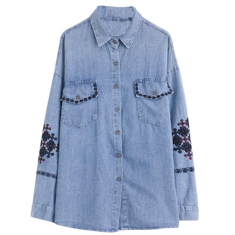 2022 Brodert Denimskjorte Langermet Høst