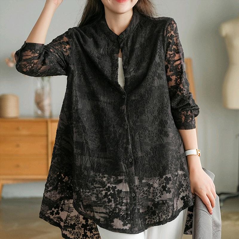 Blouse Blomsterbrodert Transparent Bomullsbluse