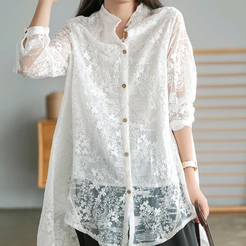 Blouse Blomsterbrodert Transparent Bomullsbluse