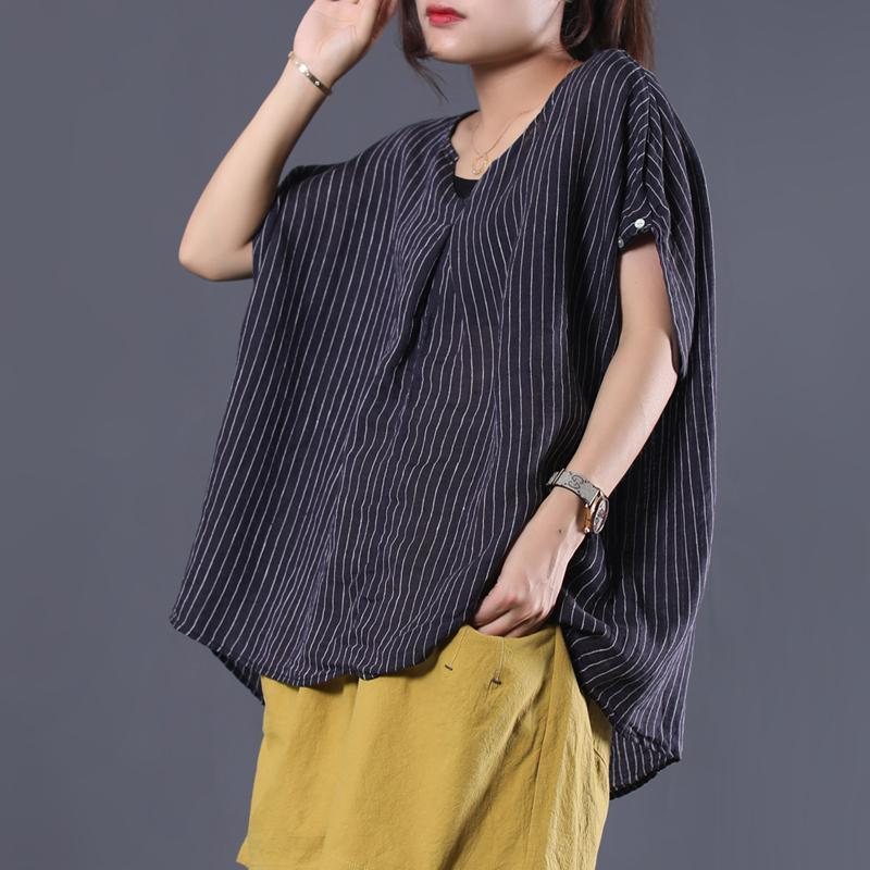 Casual Løse Striper V-hals Lin Bluse