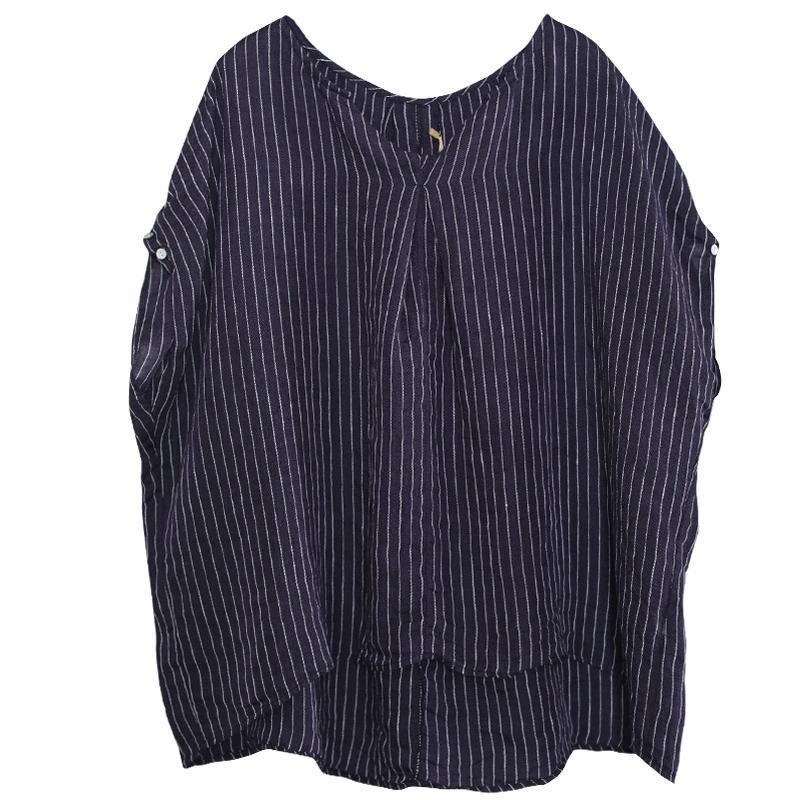 Casual Løse Striper V-hals Lin Bluse
