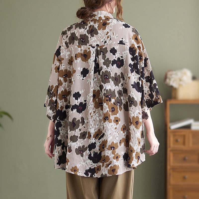 Dame Retro Blomster Bomull Lin Brun Lang Bluse