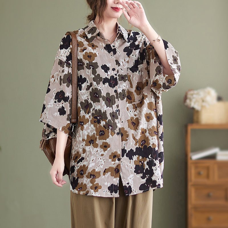 Dame Retro Blomster Bomull Lin Brun Lang Bluse
