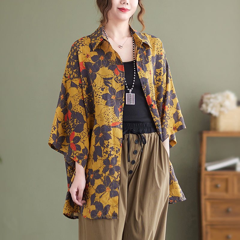 Dame Retro Blomster Bomull Lin Gul Lang Bluse