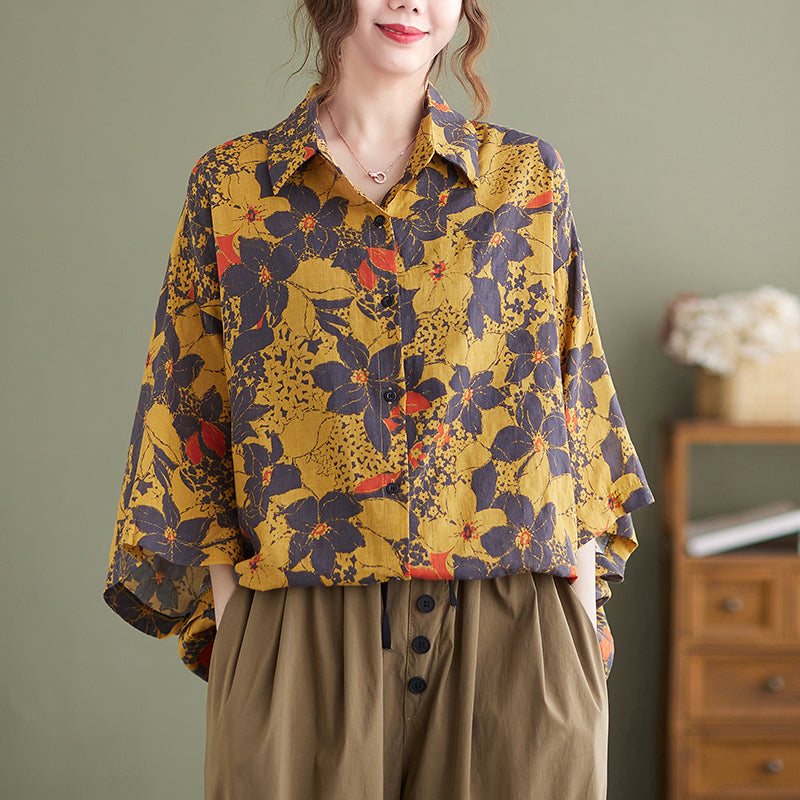 Dame Retro Blomster Bomull Lin Gul Lang Bluse
