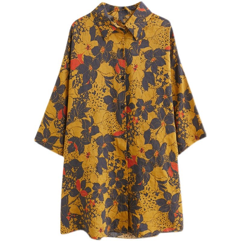 Dame Retro Blomster Bomull Lin Gul Lang Bluse