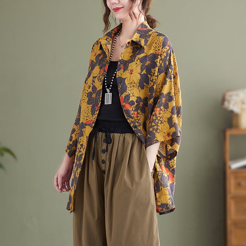 Dame Retro Blomster Bomull Lin Gul Lang Bluse