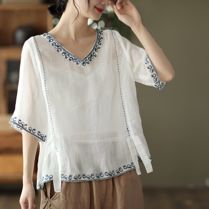 Dame Retro Broderi V-hals Sommer Lin T-skjorte