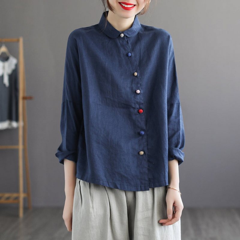 Dame Retro Langermet Løs Casual Lin Bluse