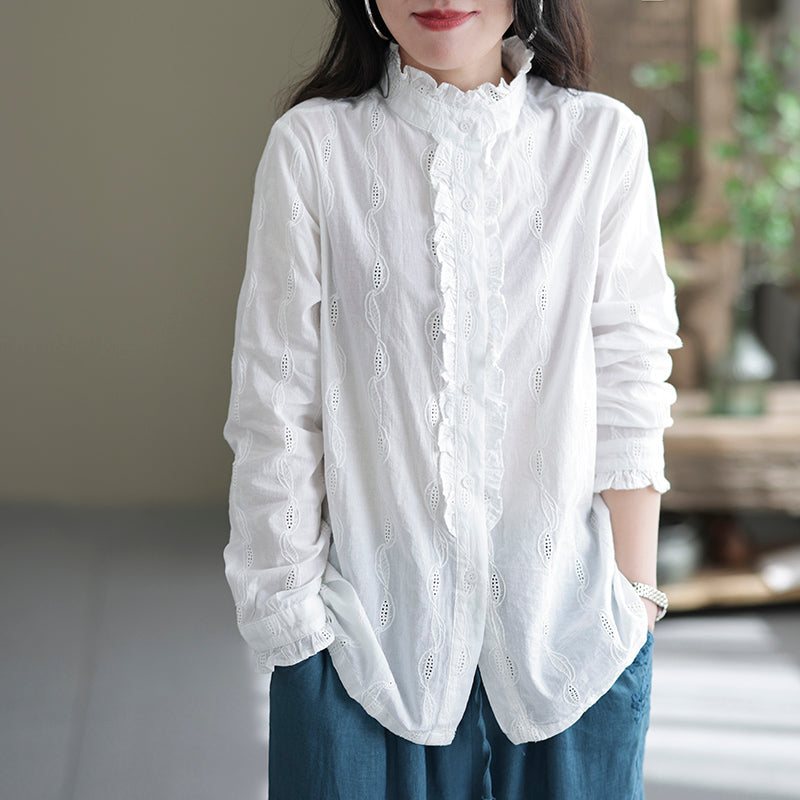 Dame Retro Ruffle Casual Cotton White Bluse