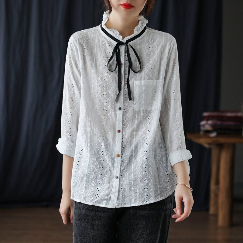 Dame Retro Spring Hul Bomull Casual Bluse