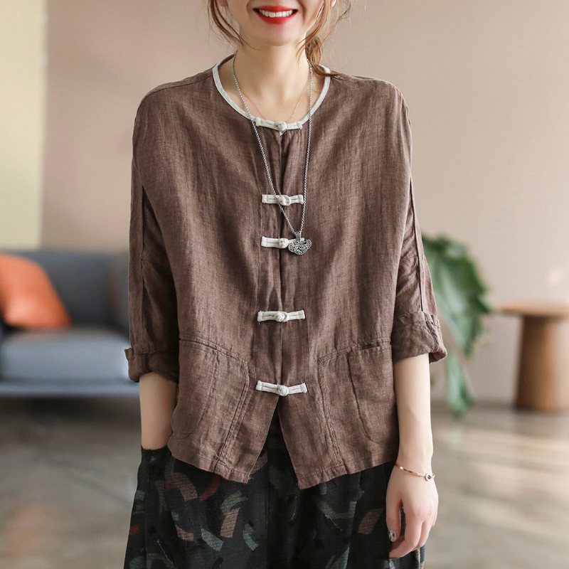 Dame Retro Våren Rund Hals Vintage Lin Bluse