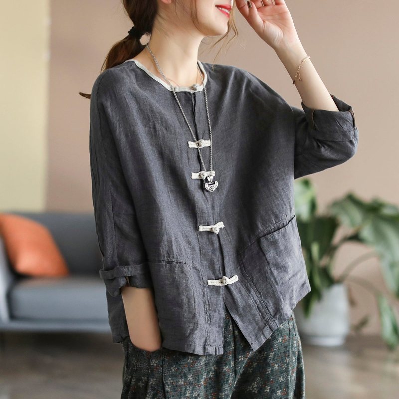 Dame Retro Våren Rund Hals Vintage Lin Bluse