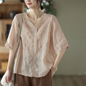 Dame Sommer Blonder Lin Retro Blomster Broderi Bluse
