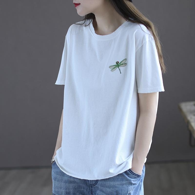 Dame Summer Retro Dragonfly Broderi Bomull T-skjorte