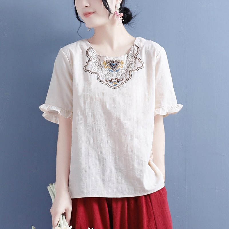 Dame Summer Vintage Brodery Ruffled T-shirt