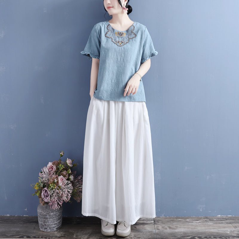 Dame Summer Vintage Brodery Ruffled T-shirt