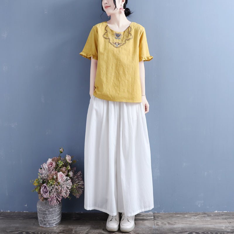 Dame Summer Vintage Brodery Ruffled T-shirt