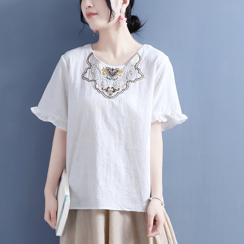 Dame Summer Vintage Brodery Ruffled T-shirt