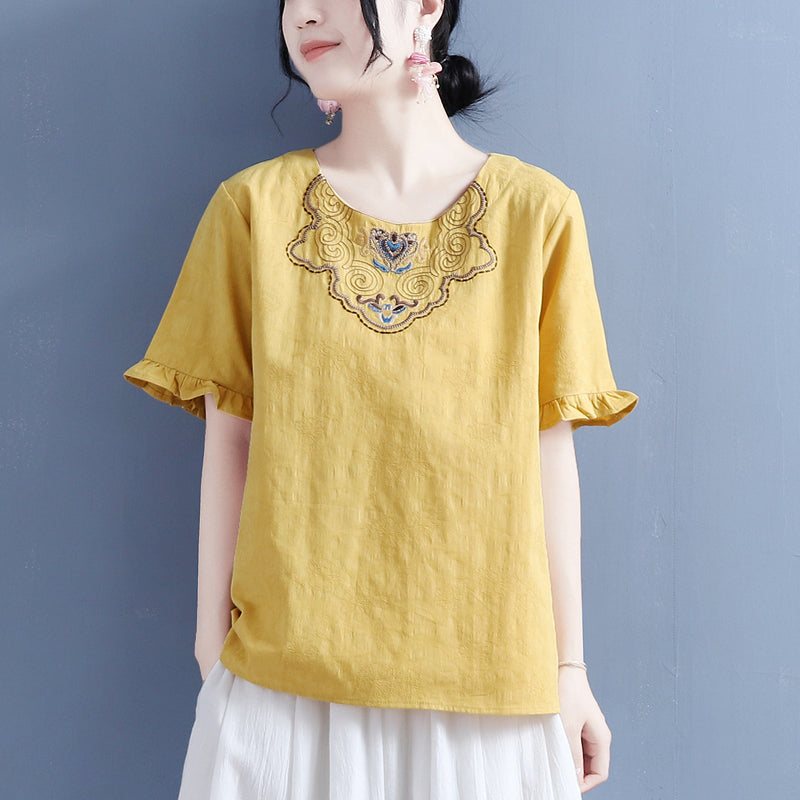Dame Summer Vintage Brodery Ruffled T-shirt
