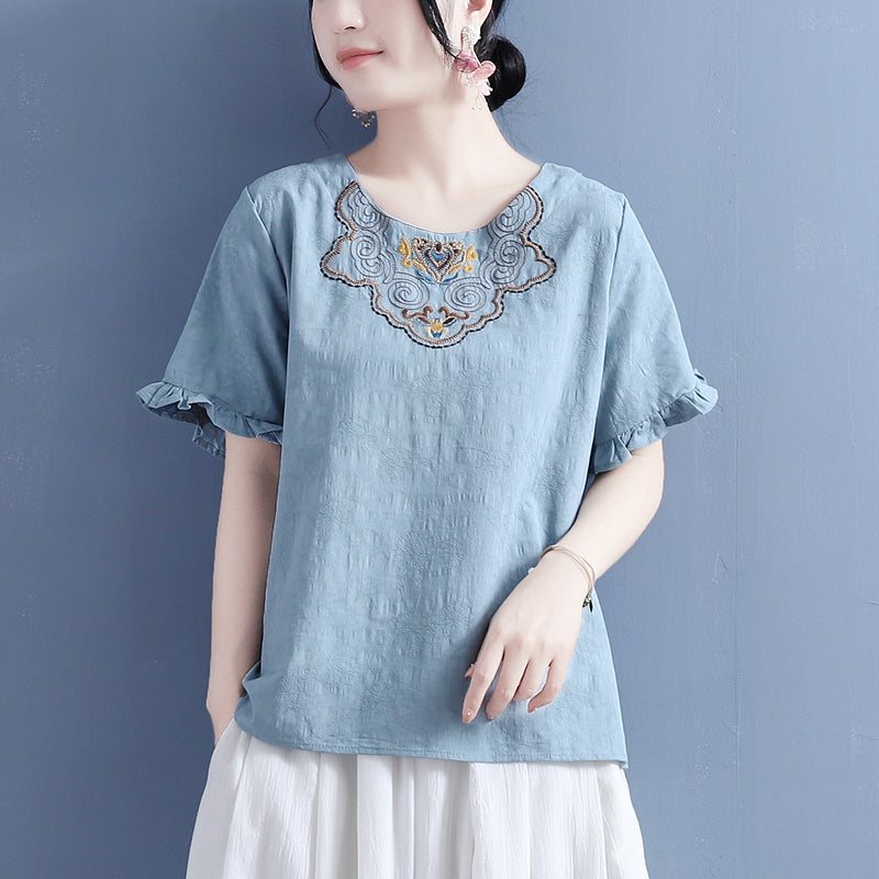 Dame Summer Vintage Brodery Ruffled T-shirt