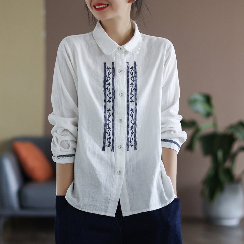 Dame Vår Retro Broderi Langermet Bluse