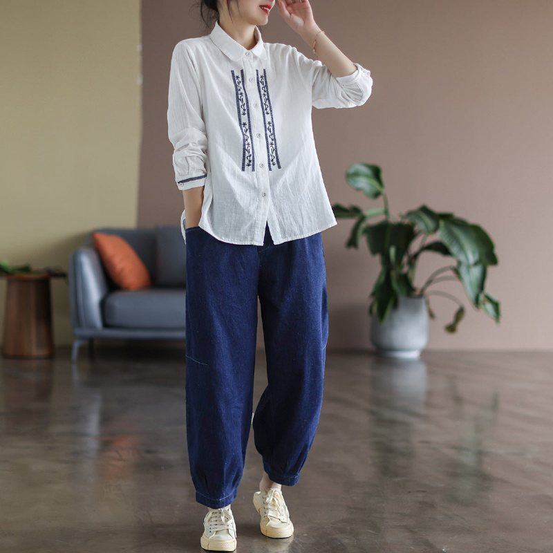 Dame Vår Retro Broderi Langermet Bluse