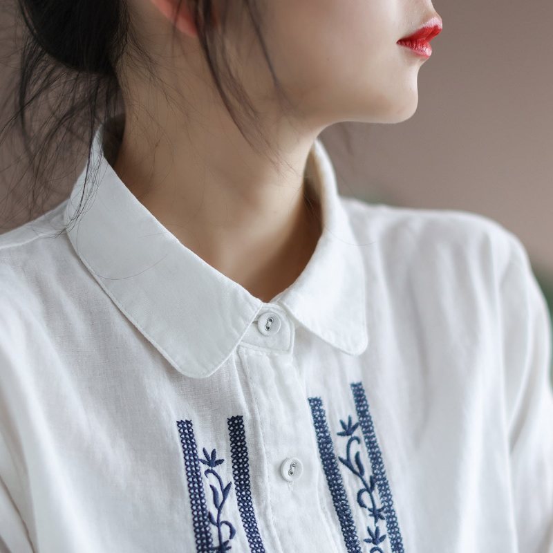 Dame Vår Retro Broderi Langermet Bluse