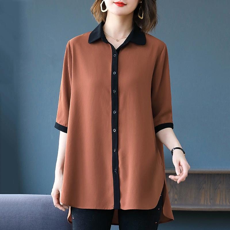 Elegant Løs Enkel Solid Høy Lav Langermet Plus Size Skjorte