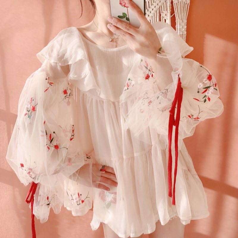 Fransk Stil Lanternearm Brodert Gasbind Volanger Chiffon Bluse