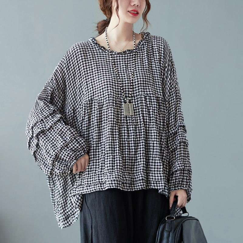 Høst Bomull Lin Pledd Plus Size Puff Shirt