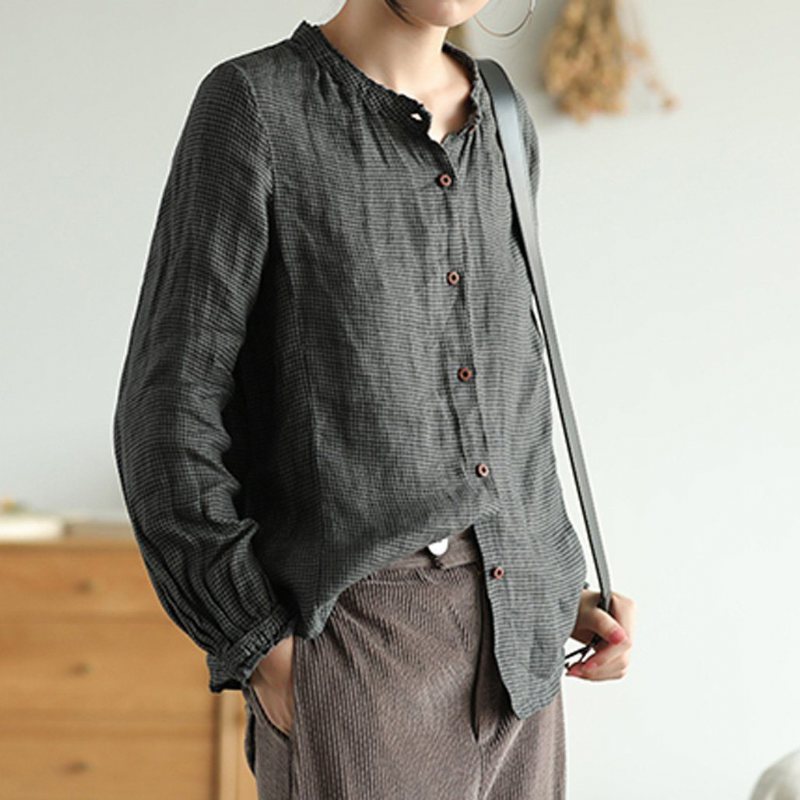 Houndstooth Autumn Long-sleeved Casual Lin Skjorte