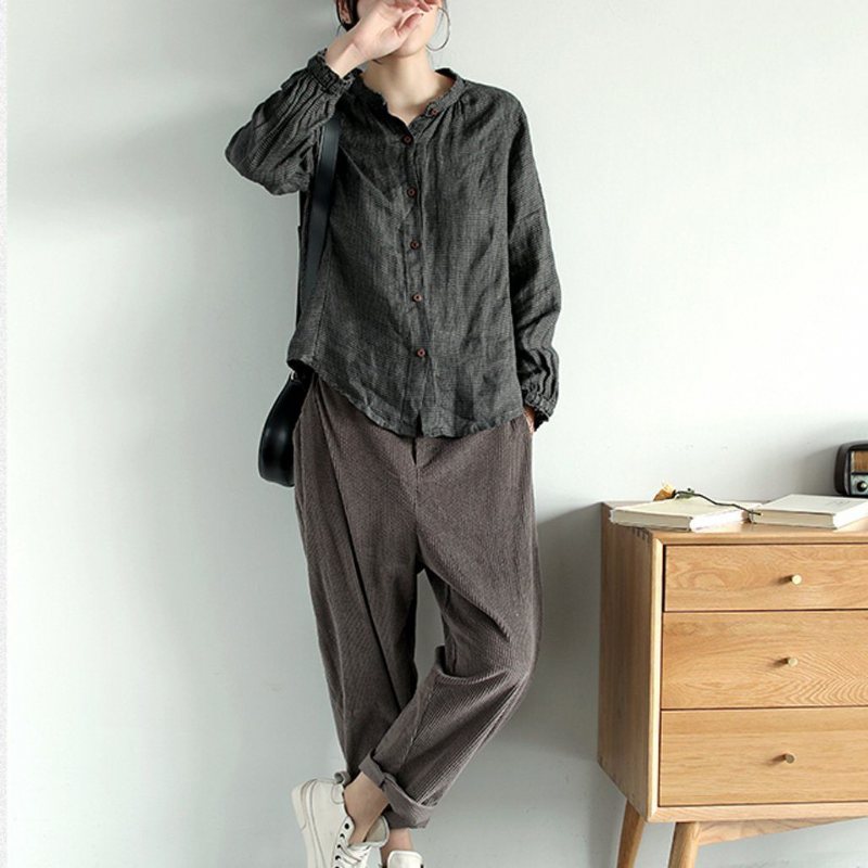 Houndstooth Autumn Long-sleeved Casual Lin Skjorte