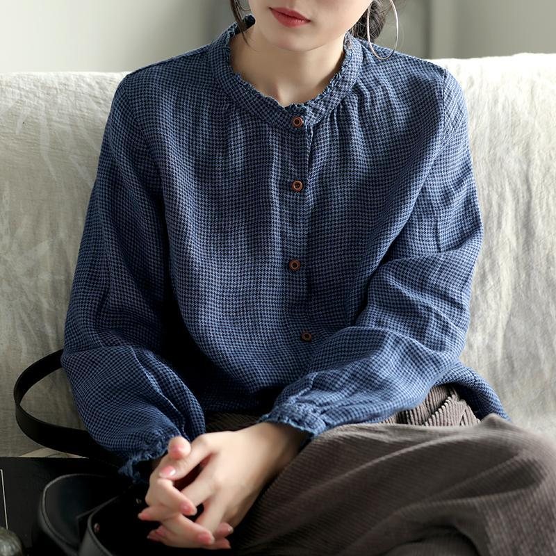 Houndstooth Autumn Long-sleeved Casual Lin Skjorte
