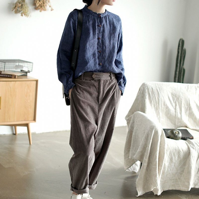 Houndstooth Autumn Long-sleeved Casual Lin Skjorte