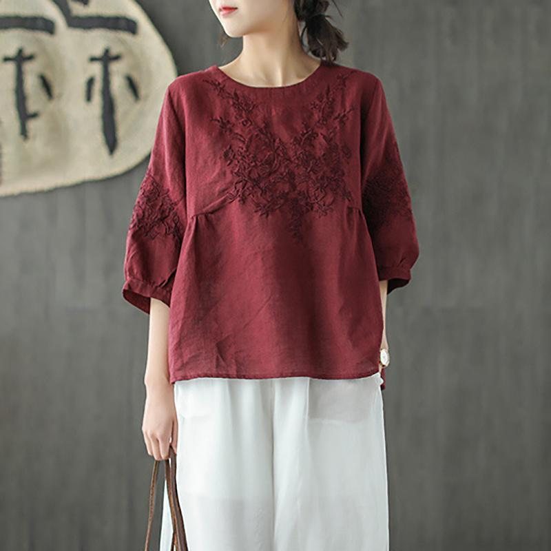 Kortermet Broderi Bomull Lin Bluse