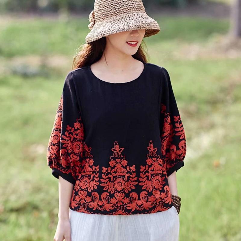 Lantern Erme Brodert Lin Løs Bluse
